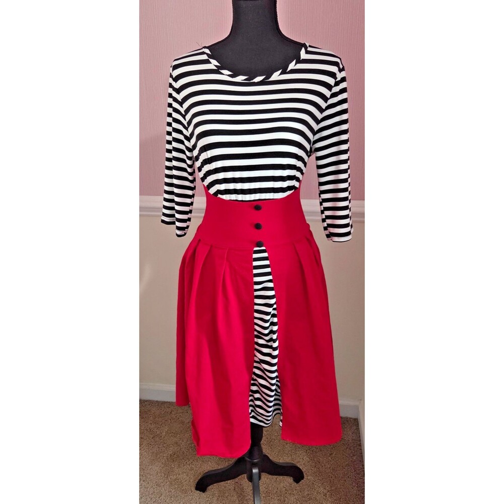 Womens Red Fit & Flare Dress Black White Striped Top 3/4 Sleeve Retro